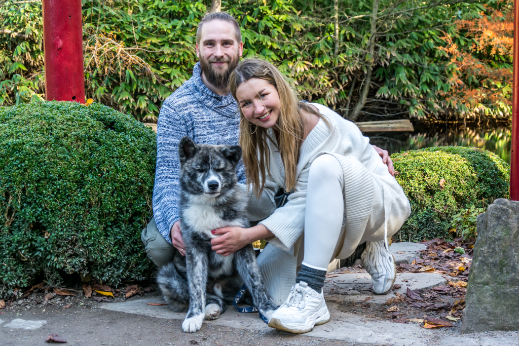 Brindle Akita Welpe mit Familie im japanischen Garten